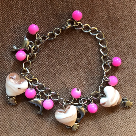 Chunky charm bracelet pink silver - Picture 1 of 8